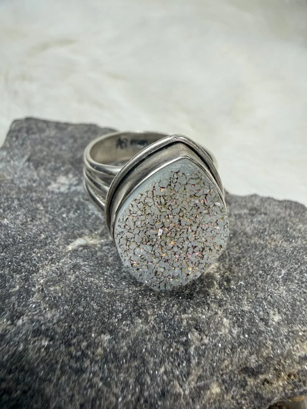 Sterling Silver Druzy Stone Ring Size 12.5 AB China 925